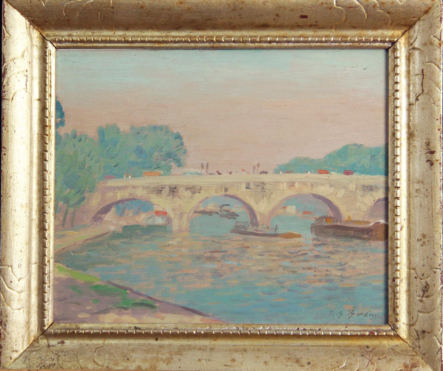 "Bridge Scene" von RAE Sloan Bredin ist ein 9" x 11" großes impressionistisches Gemälde in Öl auf Karton, das während seiner Hochzeitsreise in Frankreich entstand. Es ist unten rechts signiert "R. S. Bredin" und stammt aus der Privatsammlung von Dr.