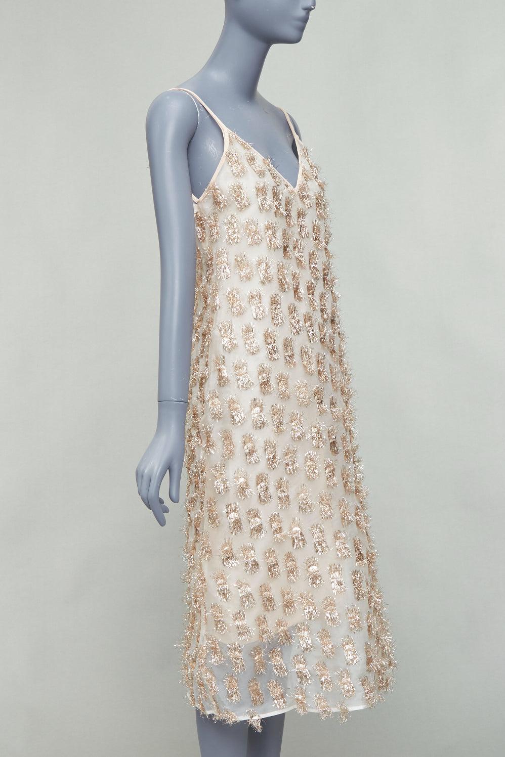 Gris Raey Long Day gold tinsel nude silk spaghetti strap midi dress UK8 S en vente