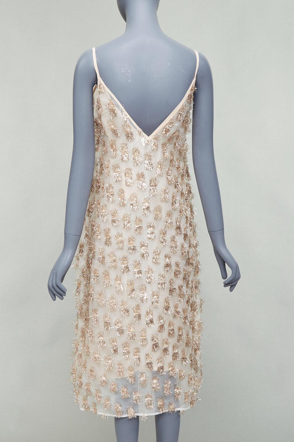 Raey Long Day gold tinsel nude silk spaghetti strap midi dress UK8 S Pour femmes en vente