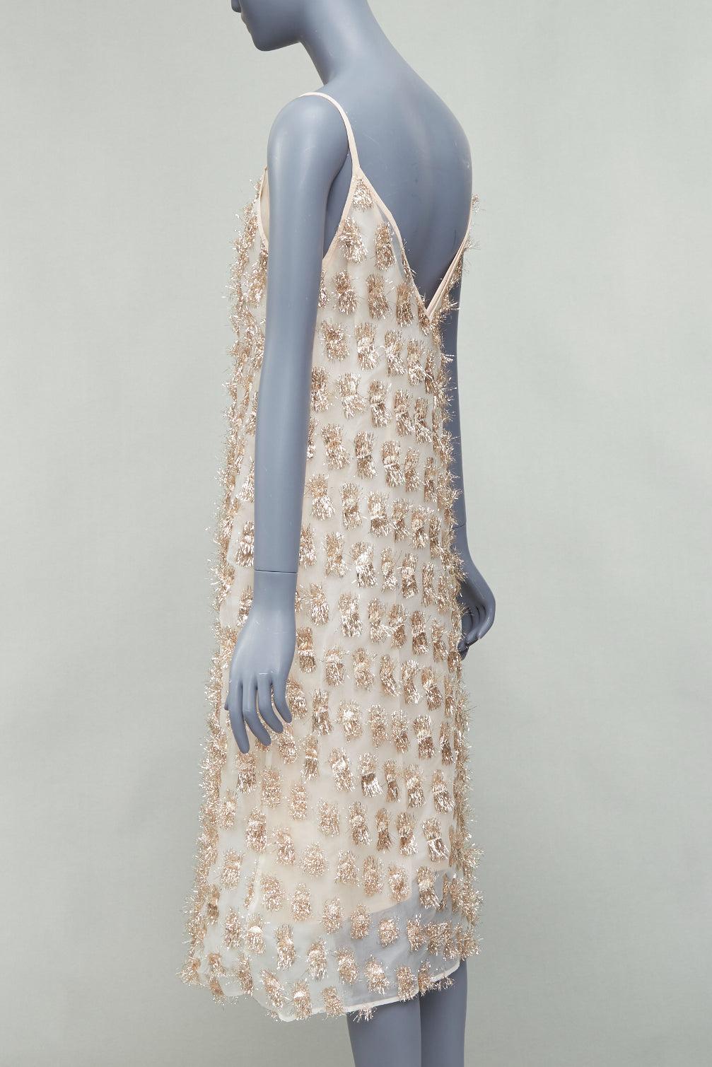 Raey Long Day gold tinsel nude silk spaghetti strap midi dress UK8 S en vente 1