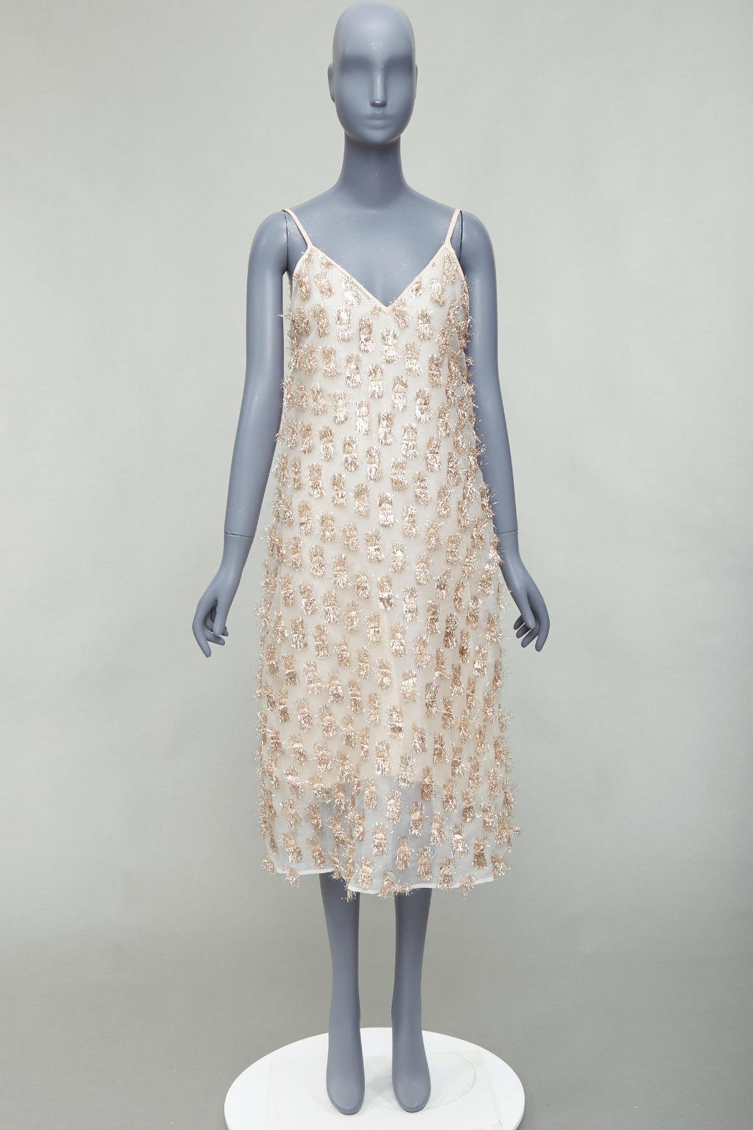 Raey Long Day gold tinsel nude silk spaghetti strap midi dress UK8 S en vente 4