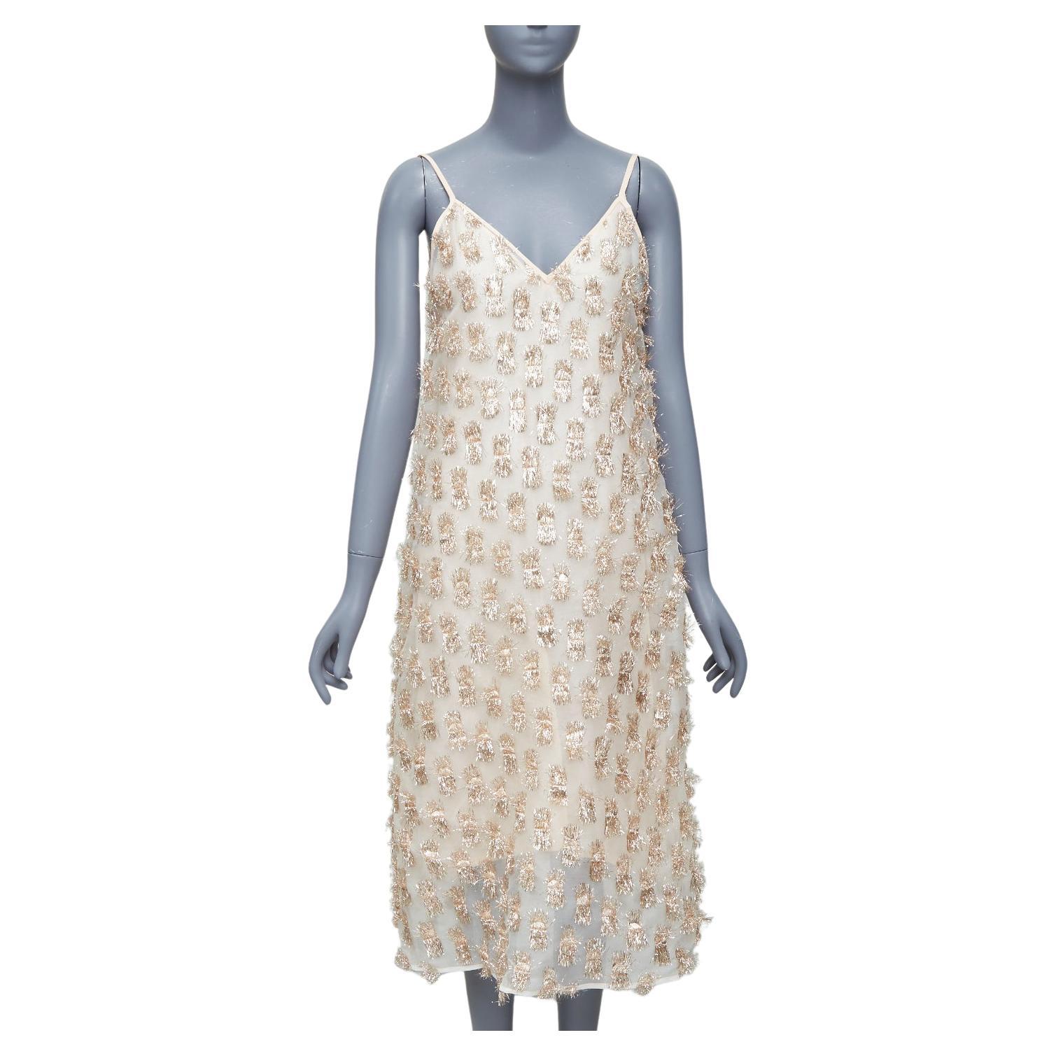 Raey Long Day gold tinsel nude silk spaghetti strap midi dress UK8 S en vente