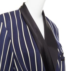 RAEY navy white stripe silk trim belted kimono smoking pajama tuxedo jacket UK8