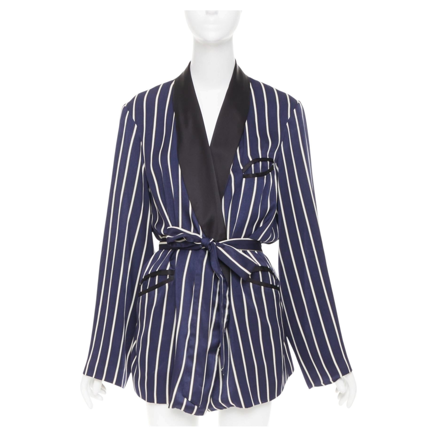 RAEY navy white stripe silk trim belted kimono smoking pajama tuxedo jacket UK8 For Sale
