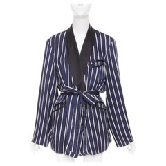 RAEY navy white stripe silk trim belted kimono smoking pajama tuxedo jacket UK8
