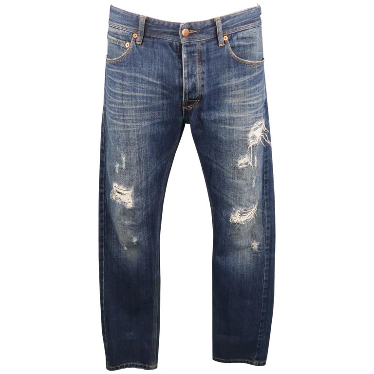 RAF by RAF SIMONS Size 34 Indigo Distressed Denim Button Fly Jeans For Sale  at 1stDibs
