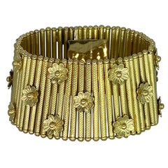 Retro RAF Italian Wide Link Flower Motifs Bracelet 18k Solid Gold