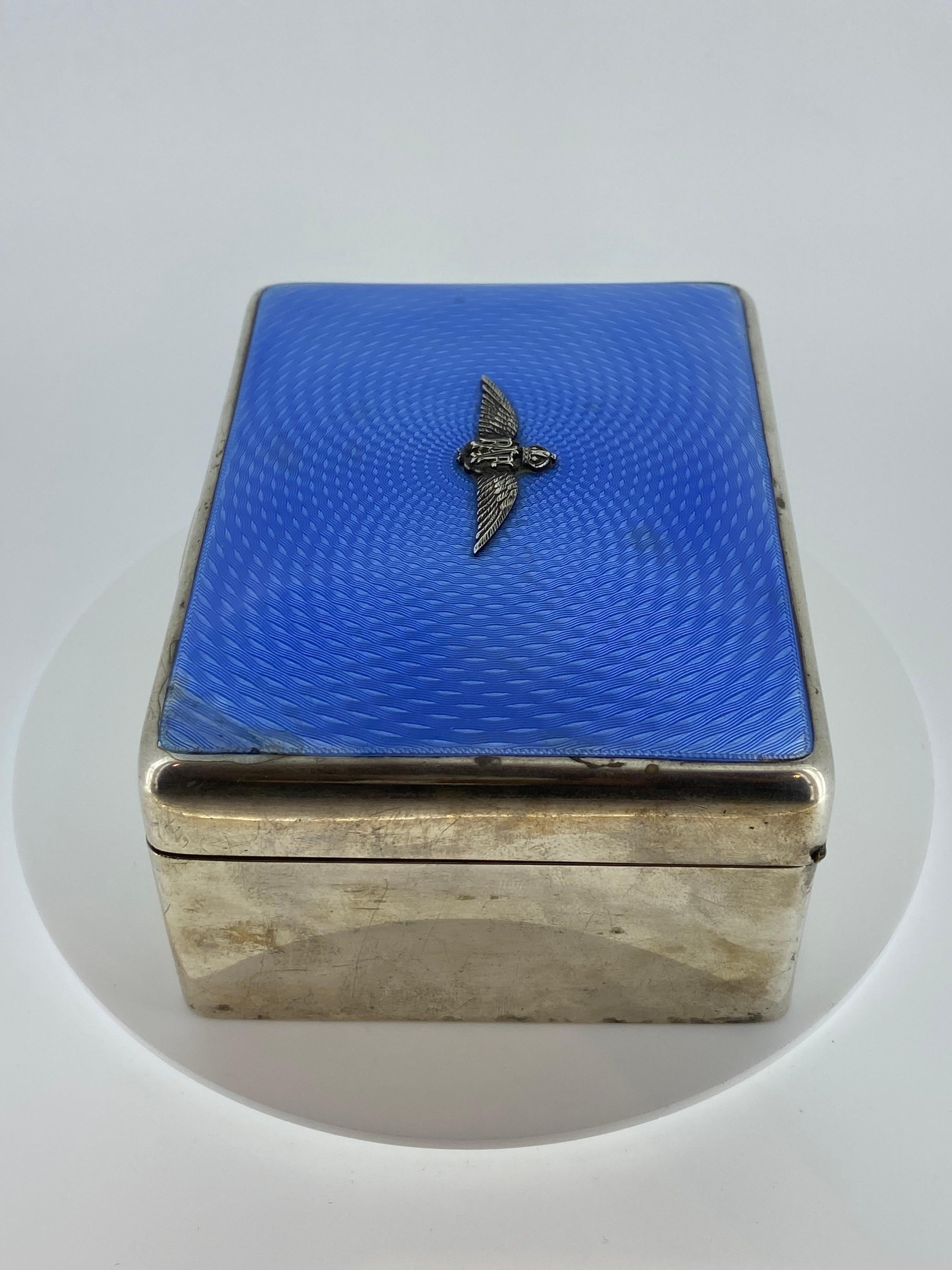 RAF Silver & Guilloché Enamel Cigarette / Cigar Box, George V c1938. Gieves Ltd For Sale 4