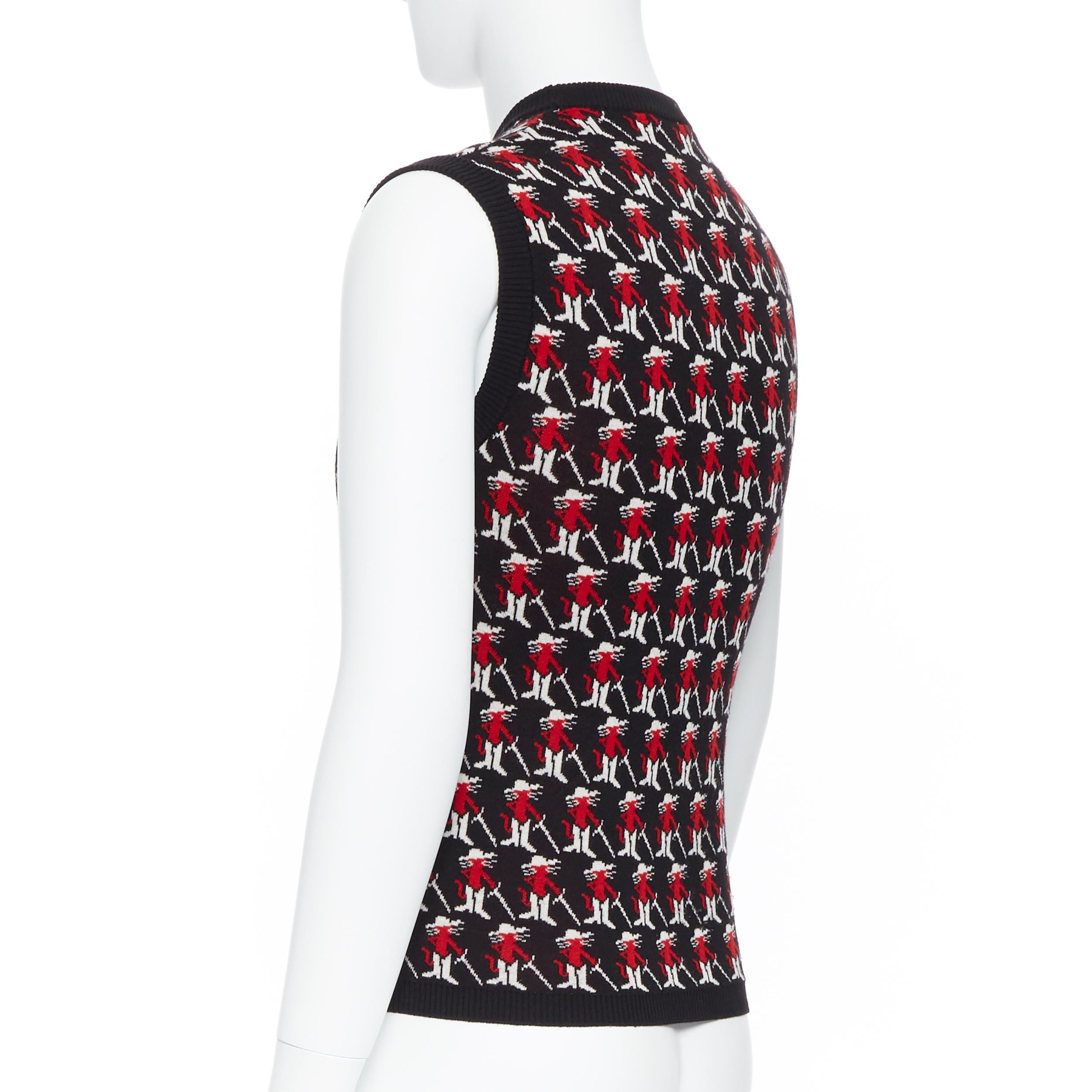 RAF SIMONS 100% merino wool red figurine knitted sleeveless sweater vest S In Excellent Condition In Hong Kong, NT