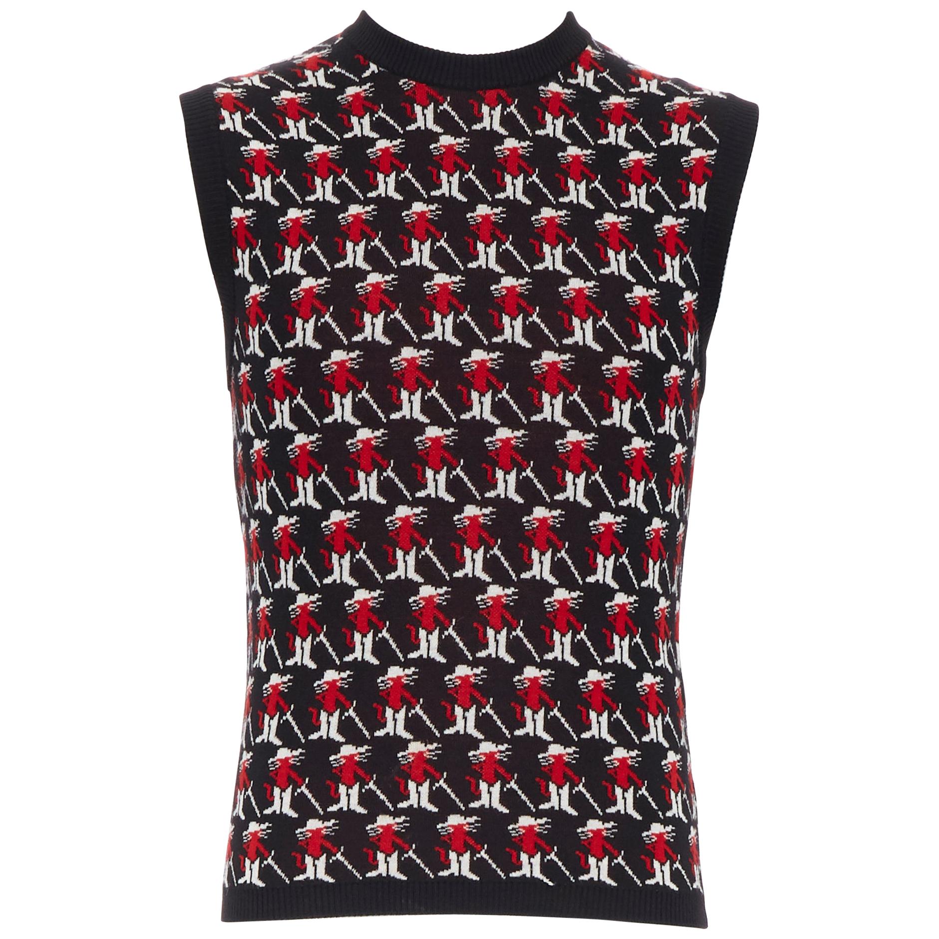 RAF SIMONS 100% merino wool red figurine knitted sleeveless sweater vest S