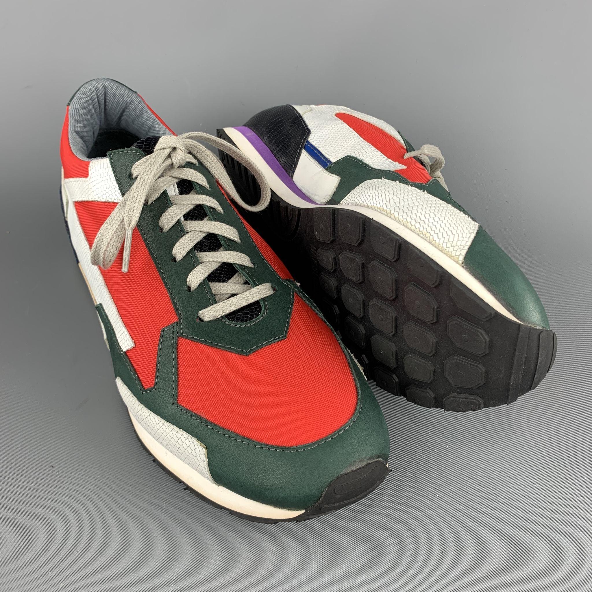 RAF SIMONS Size 10 Multi-Color Red Color Block Nylon Lace Up Red Sneakers In Good Condition For Sale In San Francisco, CA