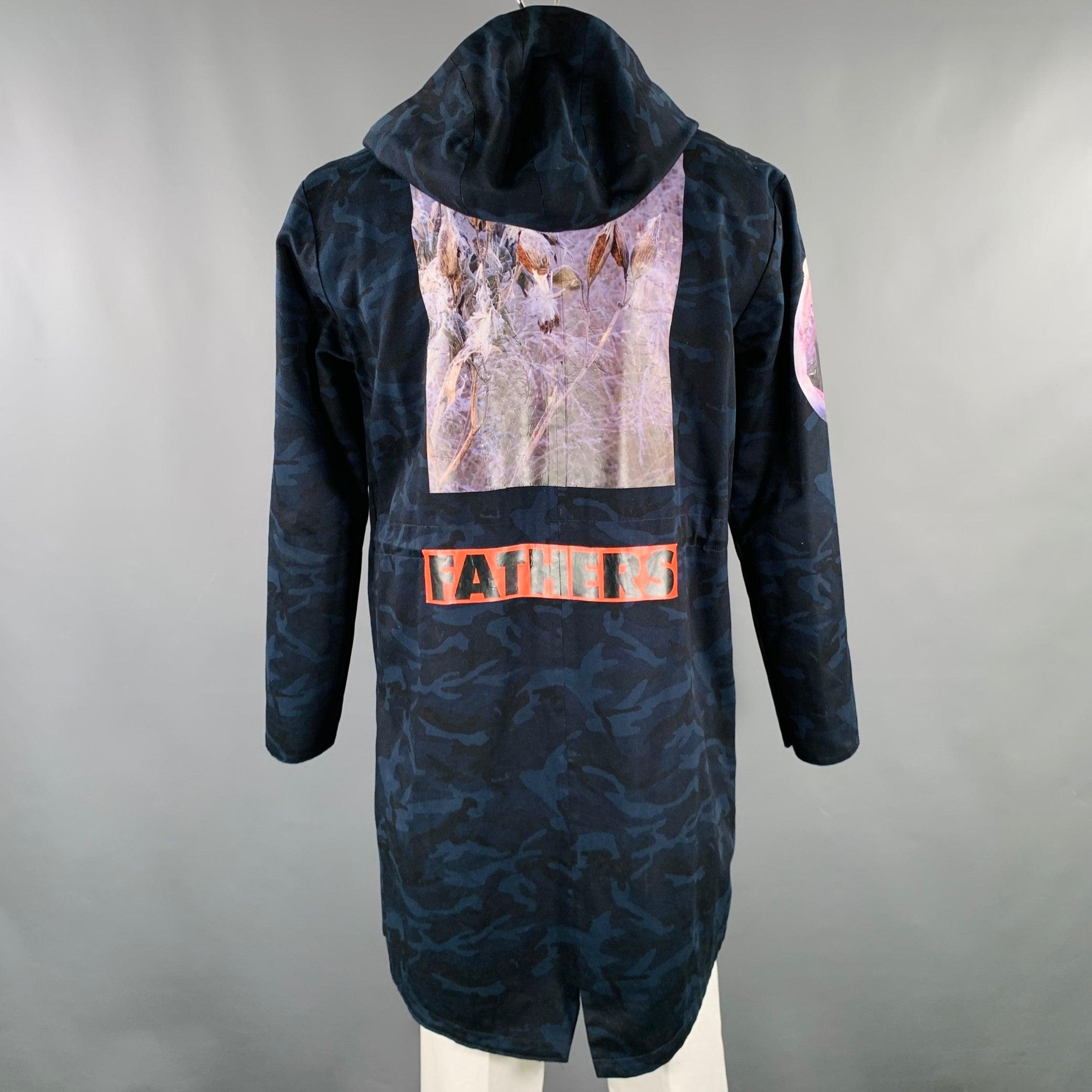 RAF SIMONS Size 42 Navy Black Camo Cotton Hooded Coat For Sale 1