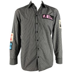 RAF SIMONS Talla 44 Camisa de manga larga de algodón y poliéster a cuadros blanco y negro
