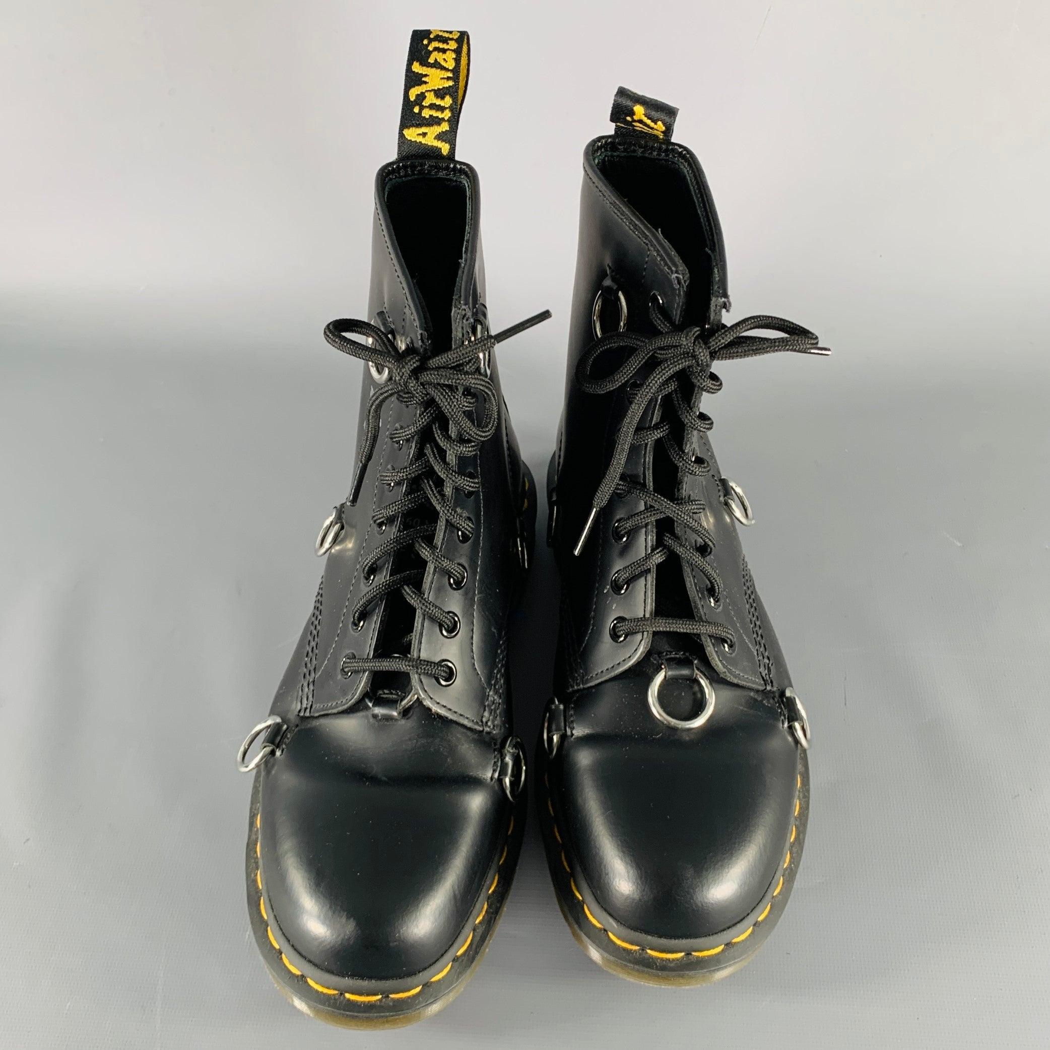 RAF SIMONS Size 9 Black Rings Leather Lace-Up Boots For Sale 1