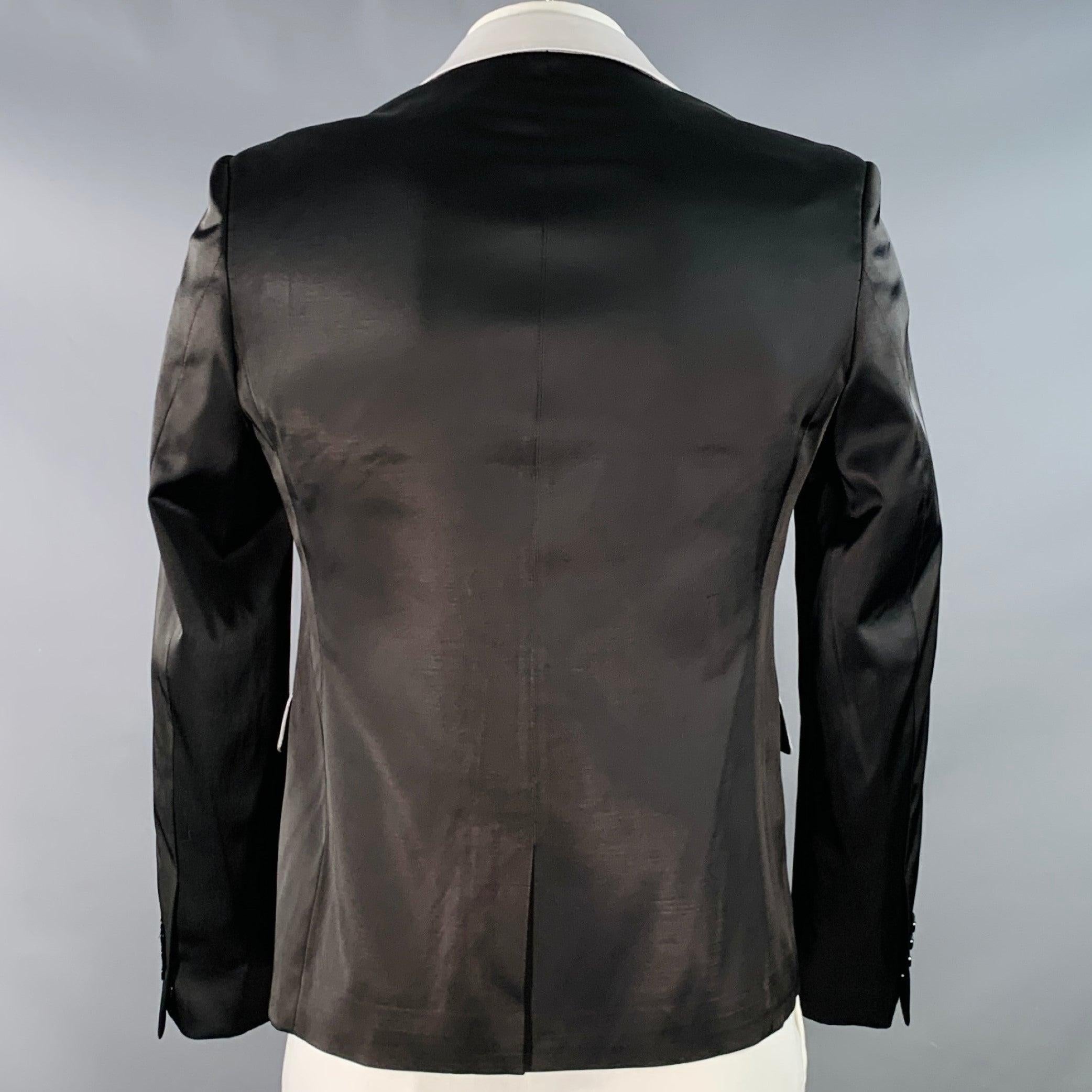 RAF SIMONS Size L Black White Satin Wool Acrylic Peak Lapel Contrast Trim Sport Coat In Good Condition For Sale In San Francisco, CA