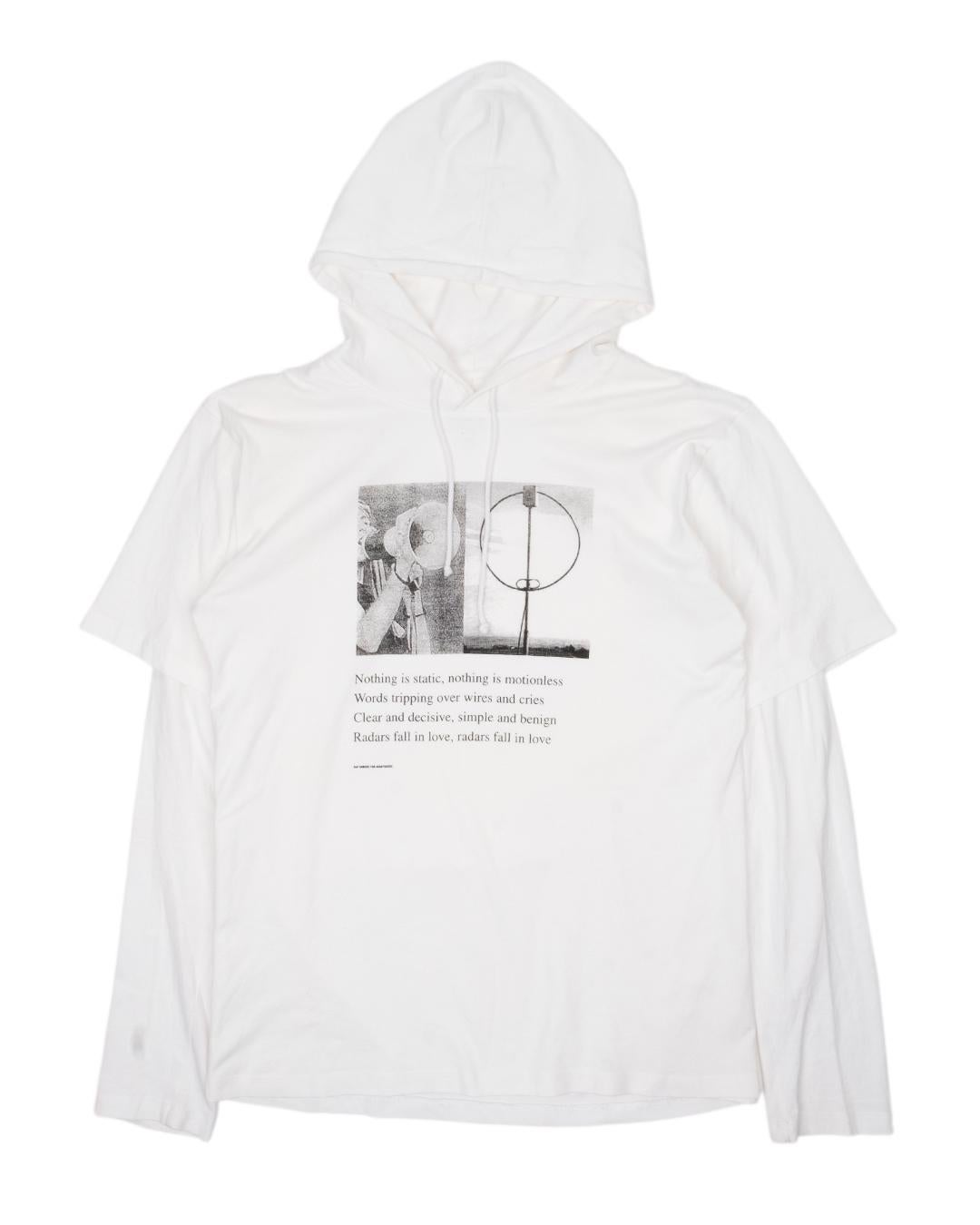 This hoodie was not directly tied to any collection, and was rather created for especially for the boutique, Avantgarde. The style is immeidately reminiscent of Raf’s graphic work from the era, juxtoposing collage imagery against words that imply