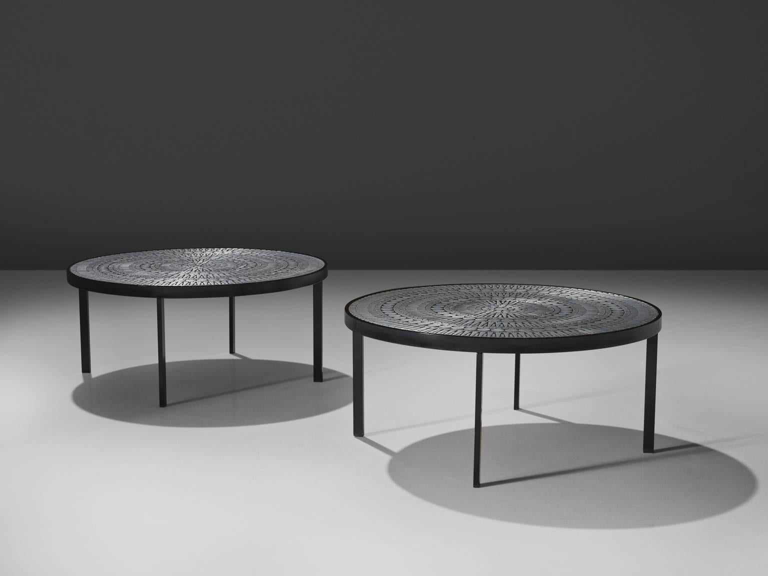 Raf Verjans, pair of cocktail tables, enameled steel, aluminium, resin, Belgium, circa 1970.

This set of cocktail tables is designed by the Belgian designer Raf Verjans. The tables have a perfectly executed aluminium mosaic that is inlayed in resin