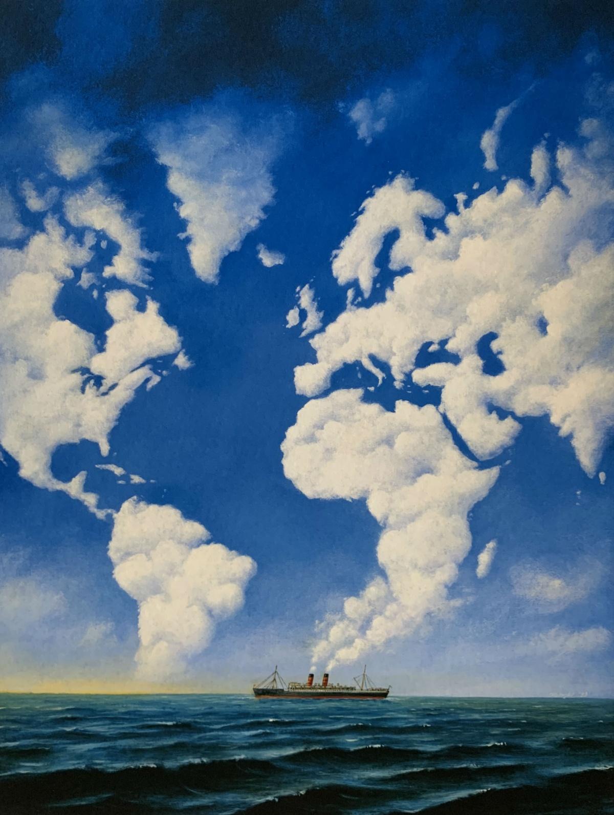 Eine Kreuzfahrt - 21. Jahrhundert, figurativer surrealistischer Druck, Meer, Wasserlandschaft, Schiff