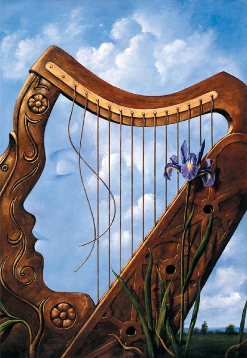 Rafał Olbiński Figurative Print - A harp - XXI century, Figurative surrealist print, Musical instrument, Flowers