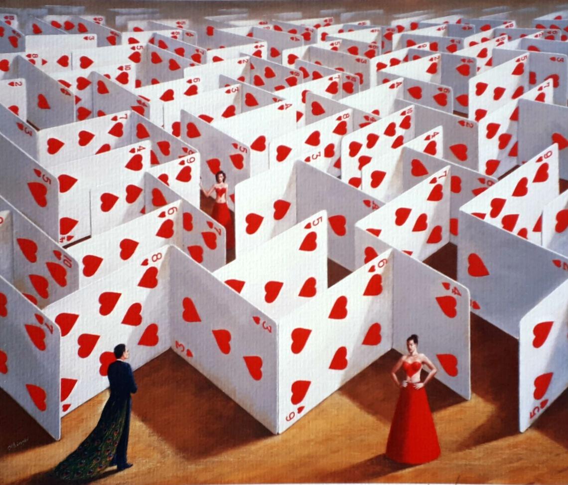 Ein Labyrinth der Herzen – figurativer surrealistischer Druck, lebhafte Farben, Ein Paar