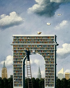 Eine Bibliothek, figurativer surrealistischer Druck, lebhafte Farben, Meister der polnischen Kunst