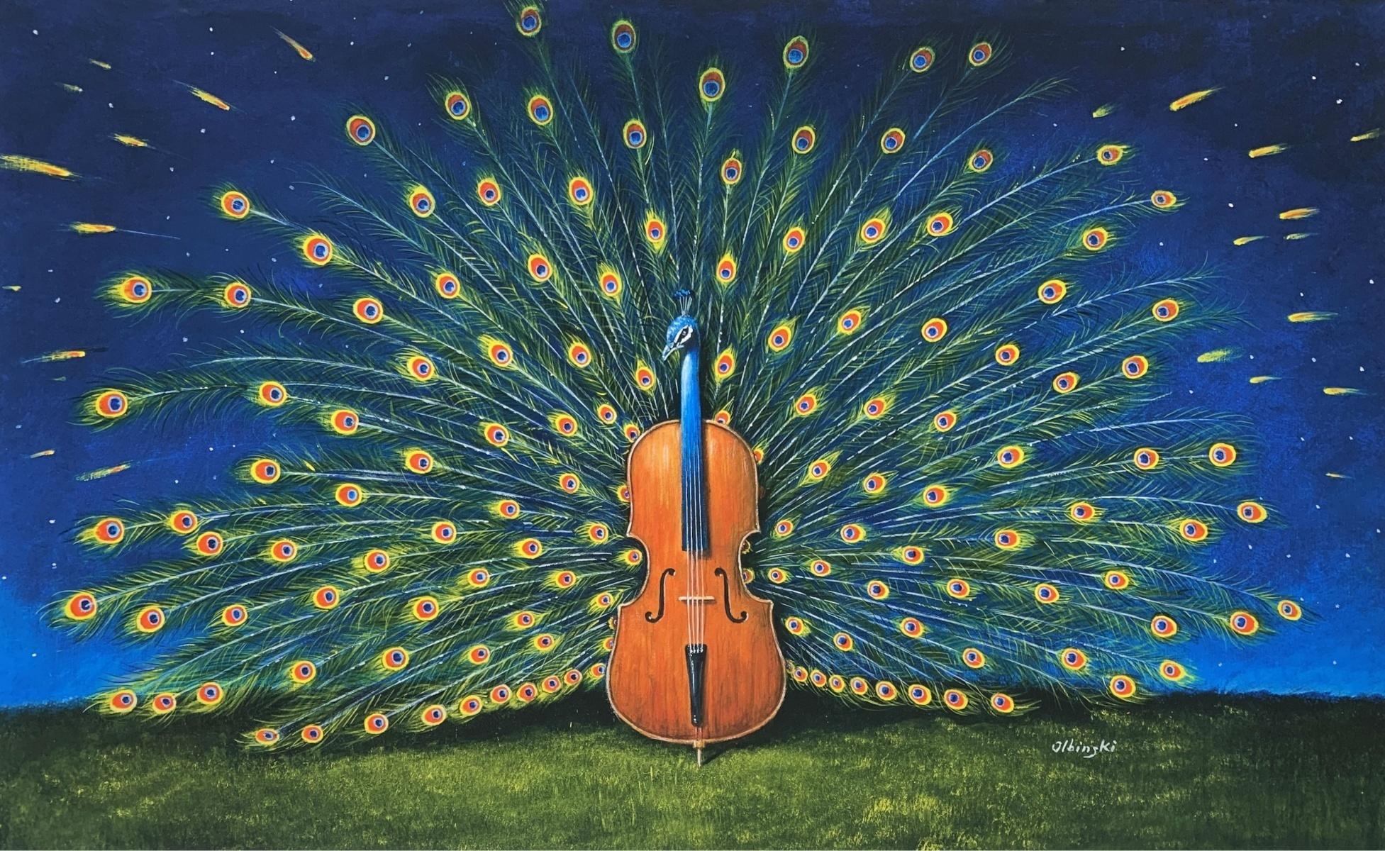 Figurative Print de Rafał Olbiński - Un pavo real. Grabado figurativo surrealista, colores vibrantes, maestro de arte polaco