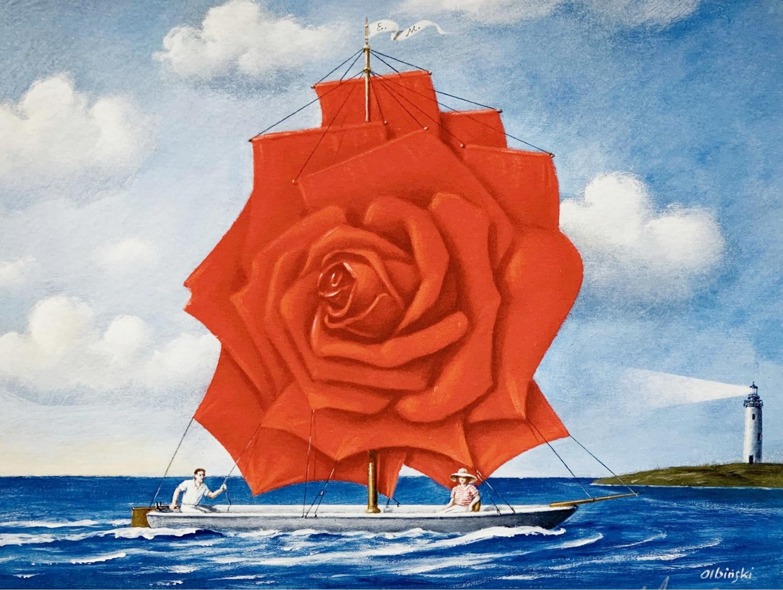 Eine Rose. Figurativer surrealistischer Druck, lebhafte Farben, Meister der polnischen Kunst