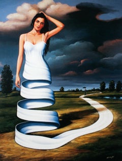 A route - Figurative Surrealist print, Landscape, Vibrant colors, Woman, Female