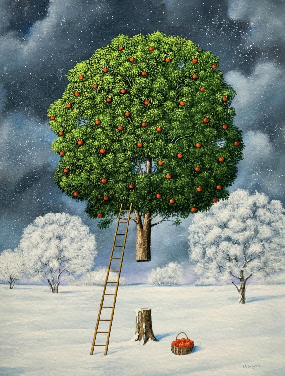 An apple tree - Figurative Surrealist print, Vibrant colors, Landscape