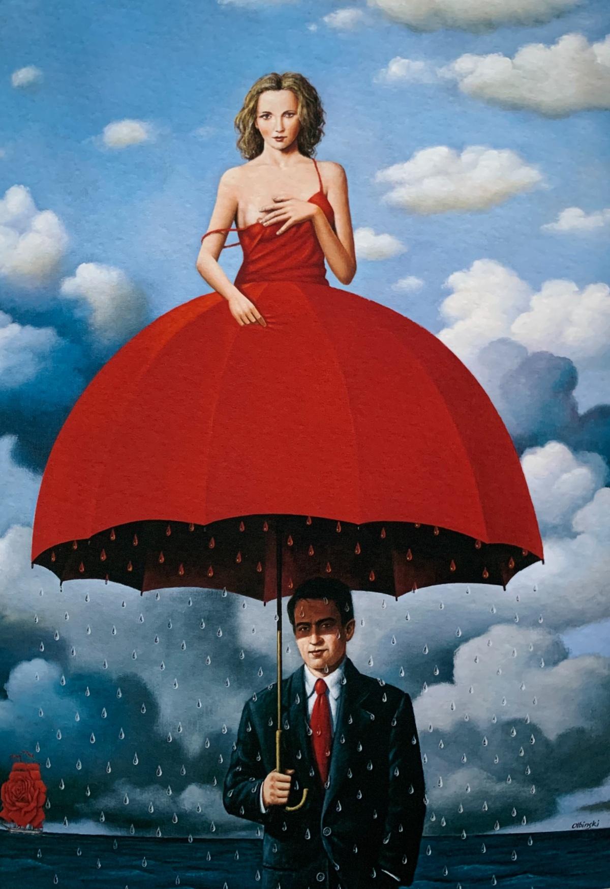 An Umbrella - Figurative Surrealist print, Vibrant colors, Couple, Blue & red