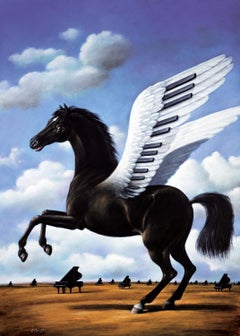 Schwarzes Pferd, figurativer surrealistischer Druck, lebhafte Farben, Meister der polnischen Kunst