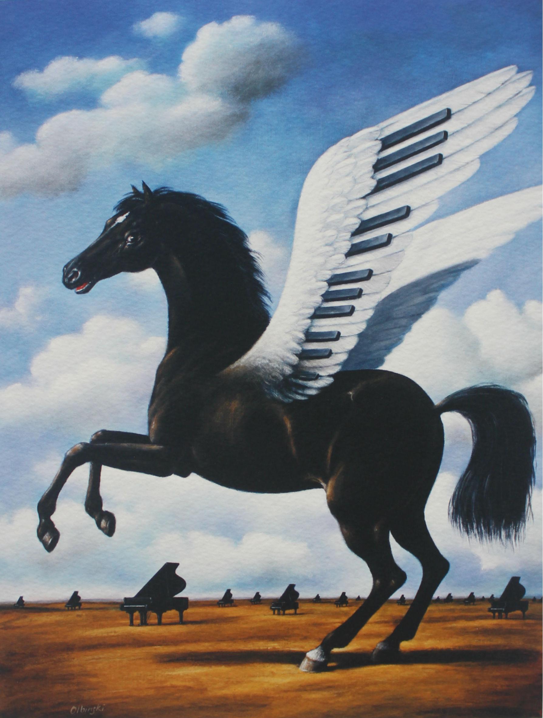 Rafał Olbiński Landscape Print - Black horse - XXI century, Figurative Surrealist print, Animals, Landscape