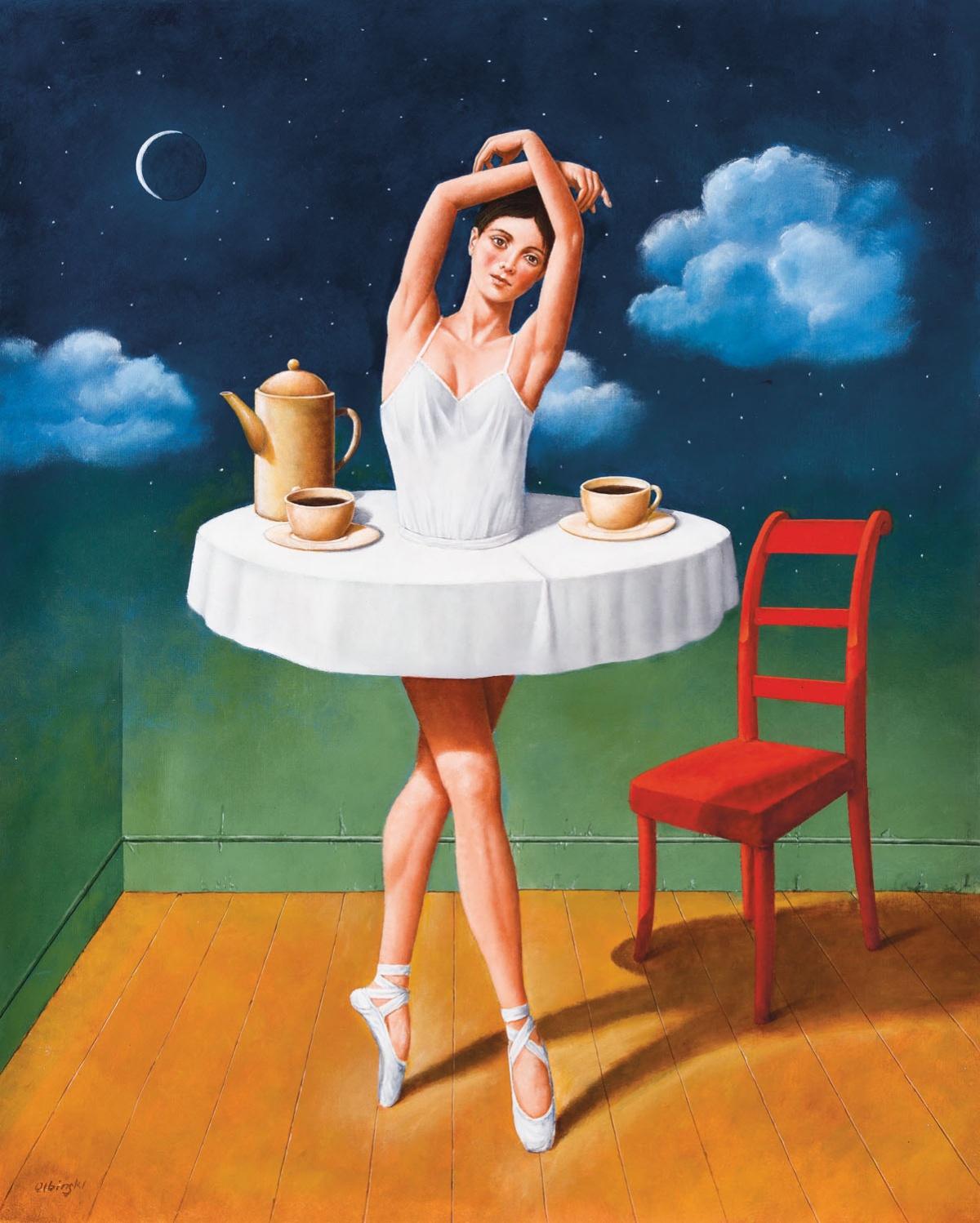 Rafał Olbiński Figurative Print - Conspiratorial Choice, limited edition, Surreal Ballet Established Polish artist