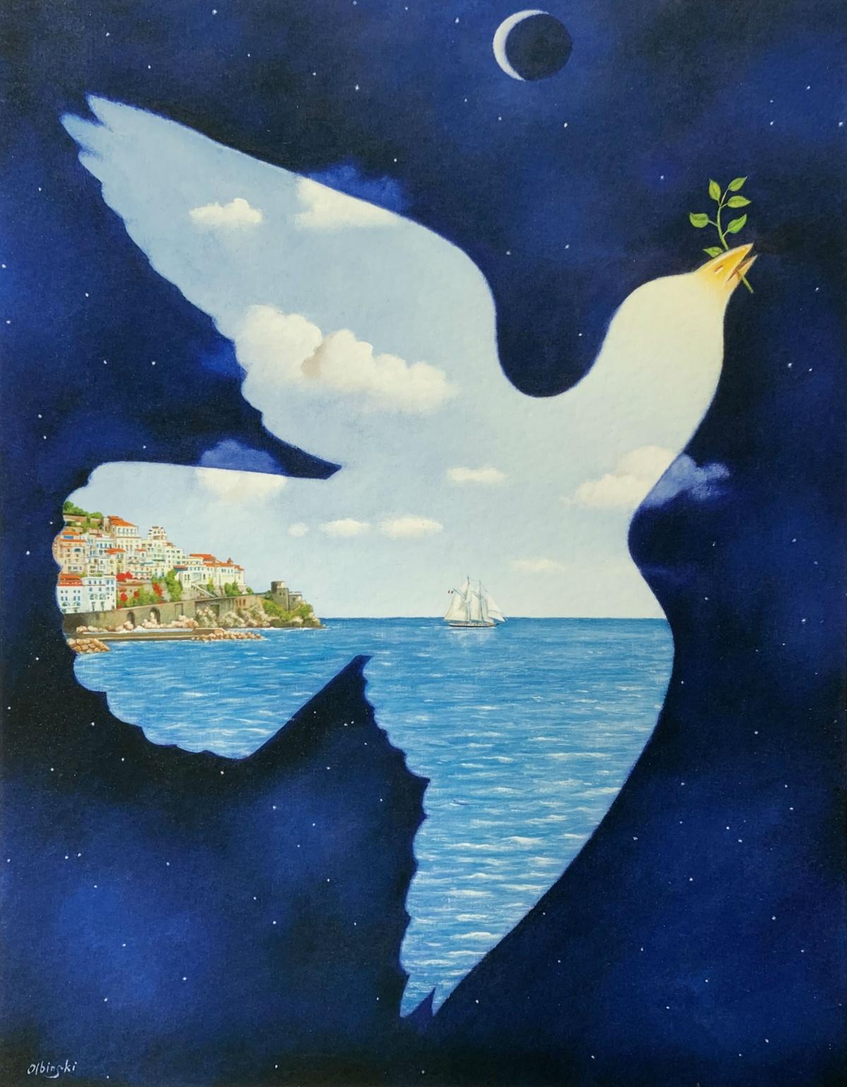 Dove of peace – Surrealistischer Druck, limitierte Auflage, gegründeter polnischer Künstler