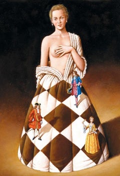 Kleid mit Höflingen - XXI Jahrhundert, Figurativer surrealistischer Druck, Braune Farben