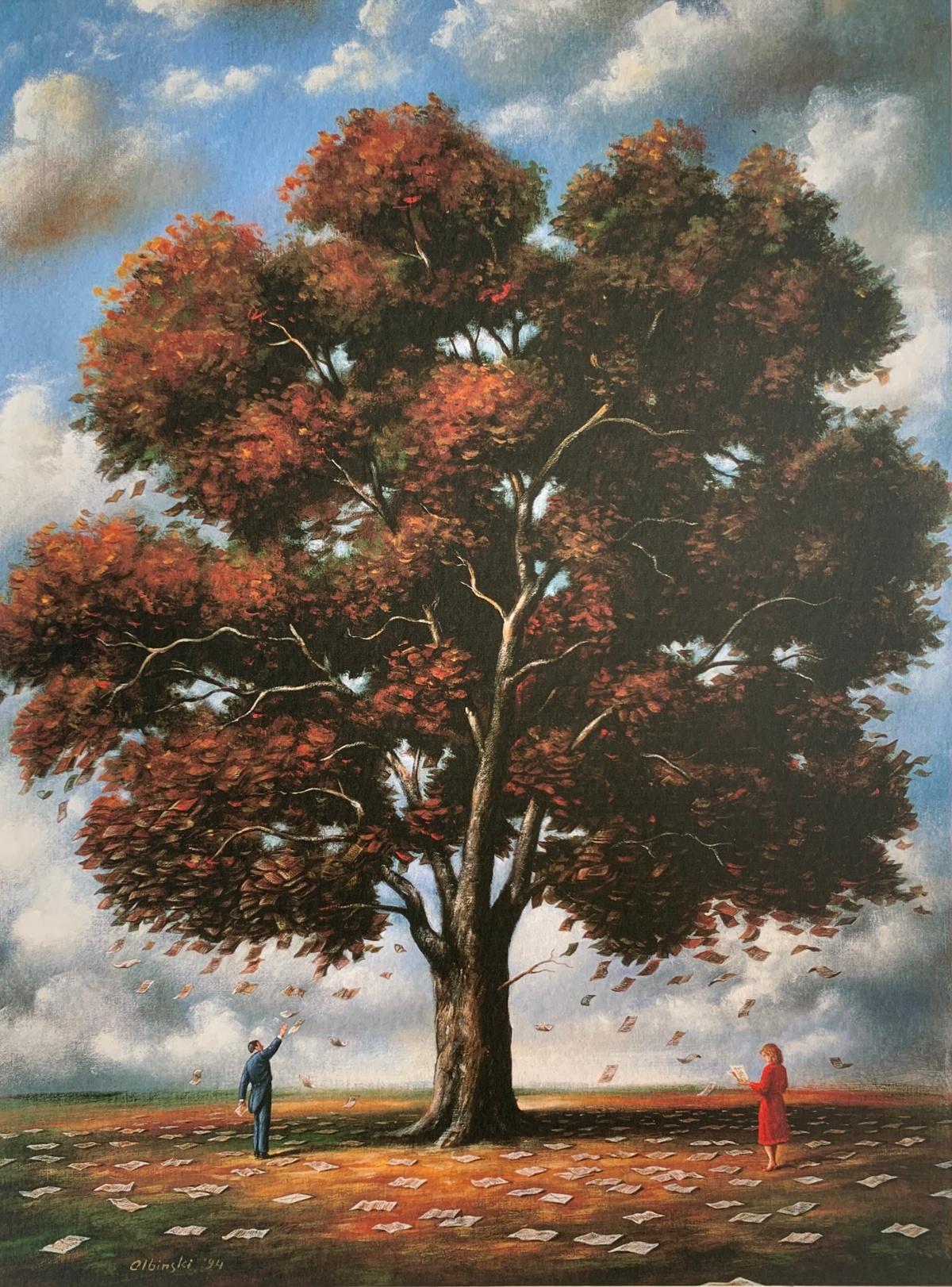Cartas. Grabado figurativo surrealista, colores vibrantes, maestro de arte polaco