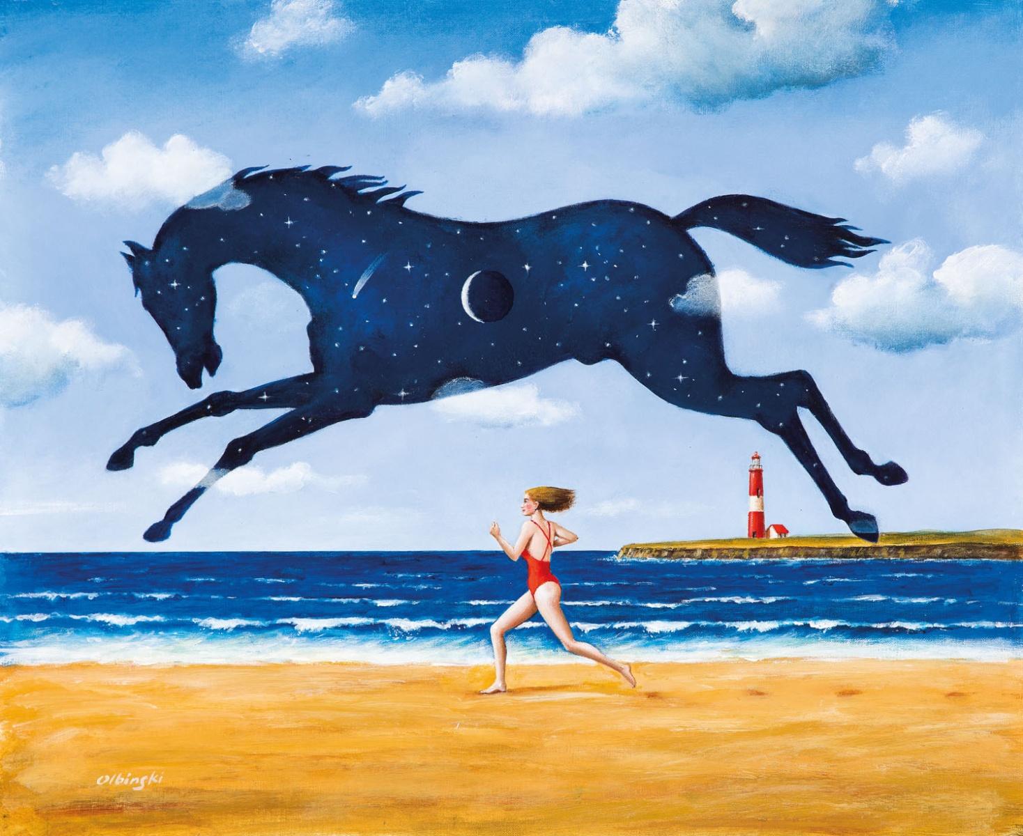 Rafał Olbiński Figurative Print - Run to happiness, limited ed, Surreal,  Established Polish artist
