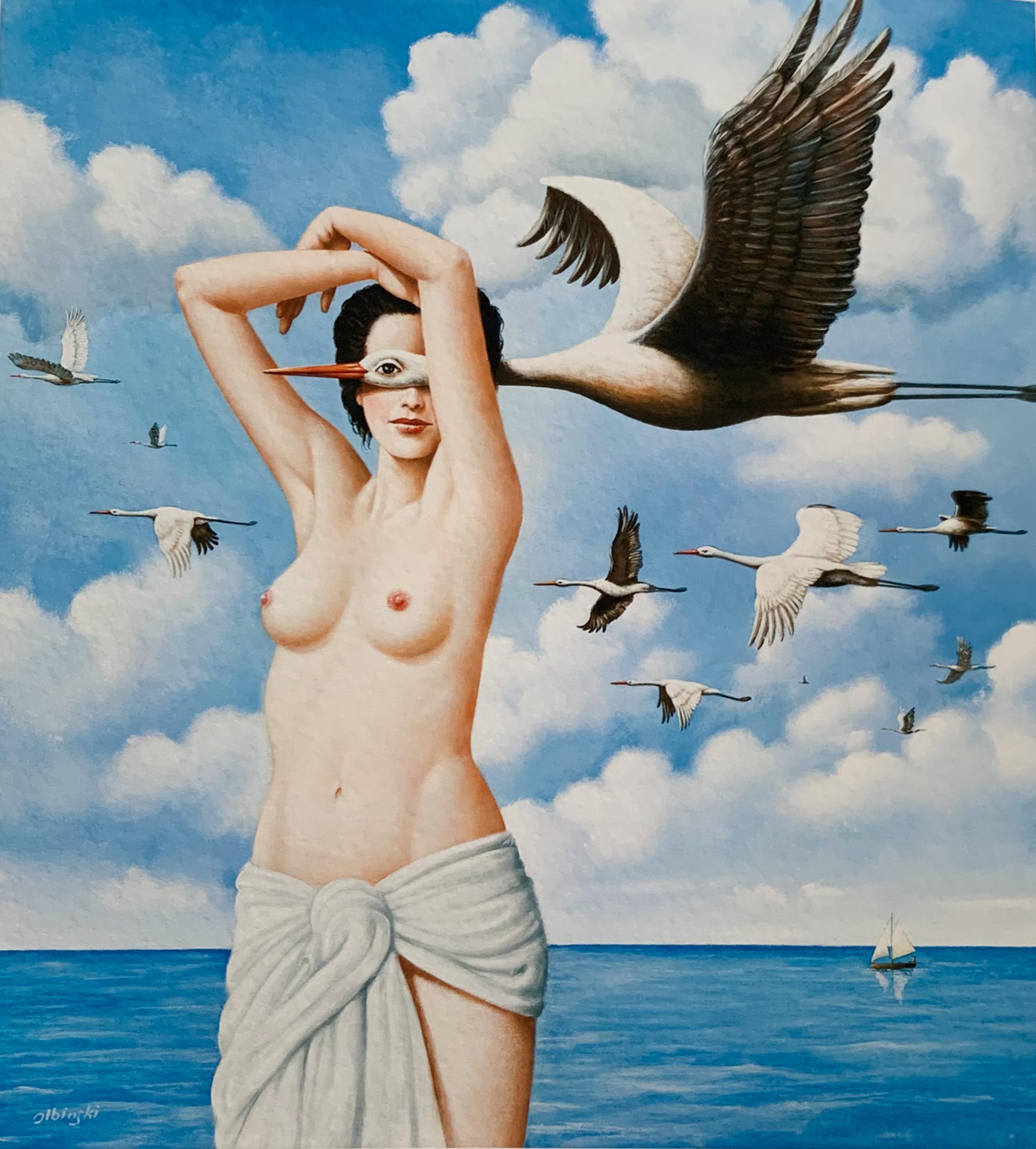 Spring journeys - Figurative Surrealist print, Colorful, Woman, Storks, Nude