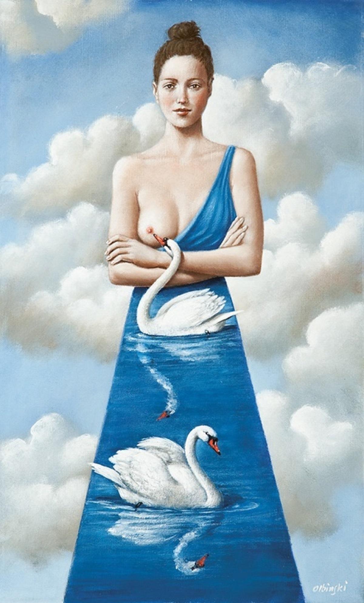 Rafał Olbiński Figurative Print - Swans, Figurative Surrealist print, Female nude, Polish art master