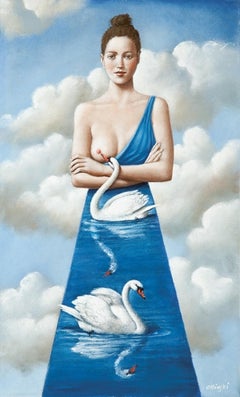 Swans, Figurative Surrealist print, Female nude, Polish art master