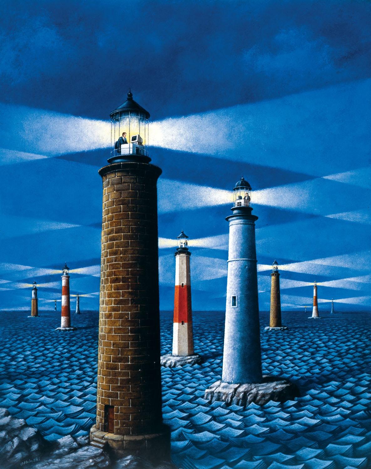 Rafał Olbiński Figurative Print - Towers of light, limited edition, Surreal,  Established Polish artist
