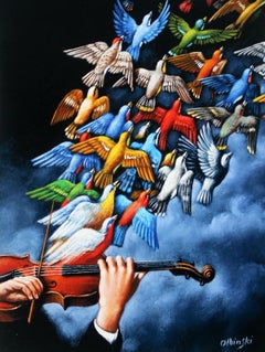 Violine und Vögel, figurativer surrealistischer Druck, Musik, Tiere, Meister der polnischen Kunst