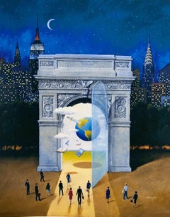 Surrealistischer Druck am Washington Square – Figurative Druck, Landschaft, lebhafte Farben