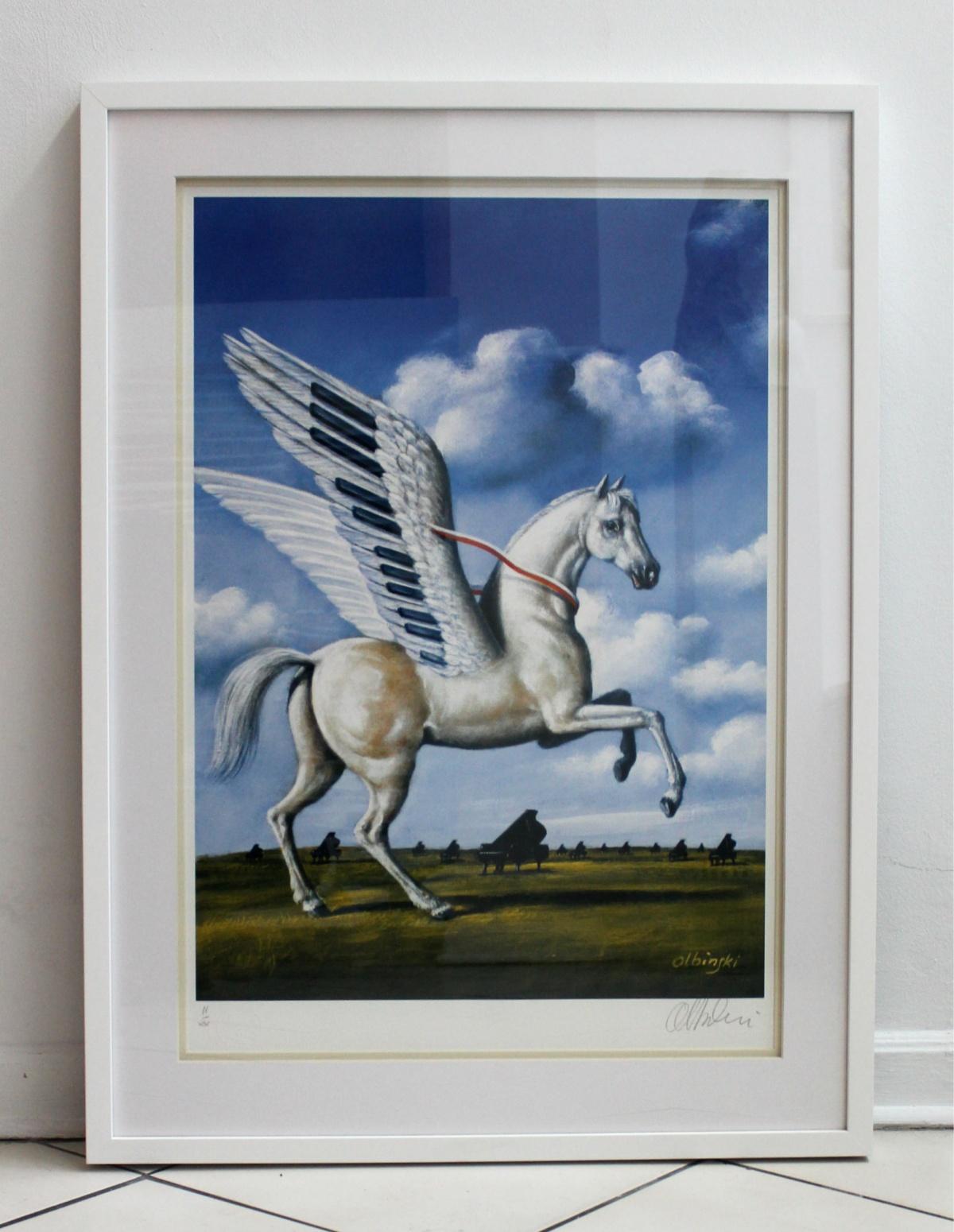 White horse - XXI century, Figurative surrealist print, Animals, Landscape – Print von Rafał Olbiński