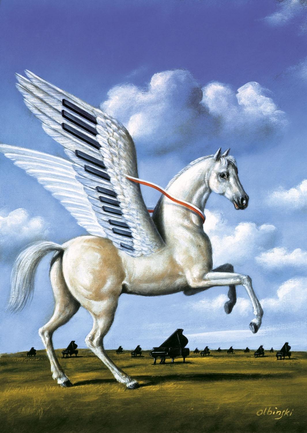 Rafał Olbiński Landscape Print – White horse - XXI century, Figurative surrealist print, Animals, Landscape