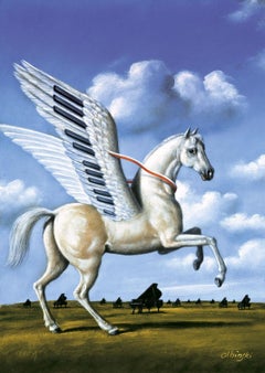 White horse - XXI century, Figurative surrealist print, Animals, Landscape
