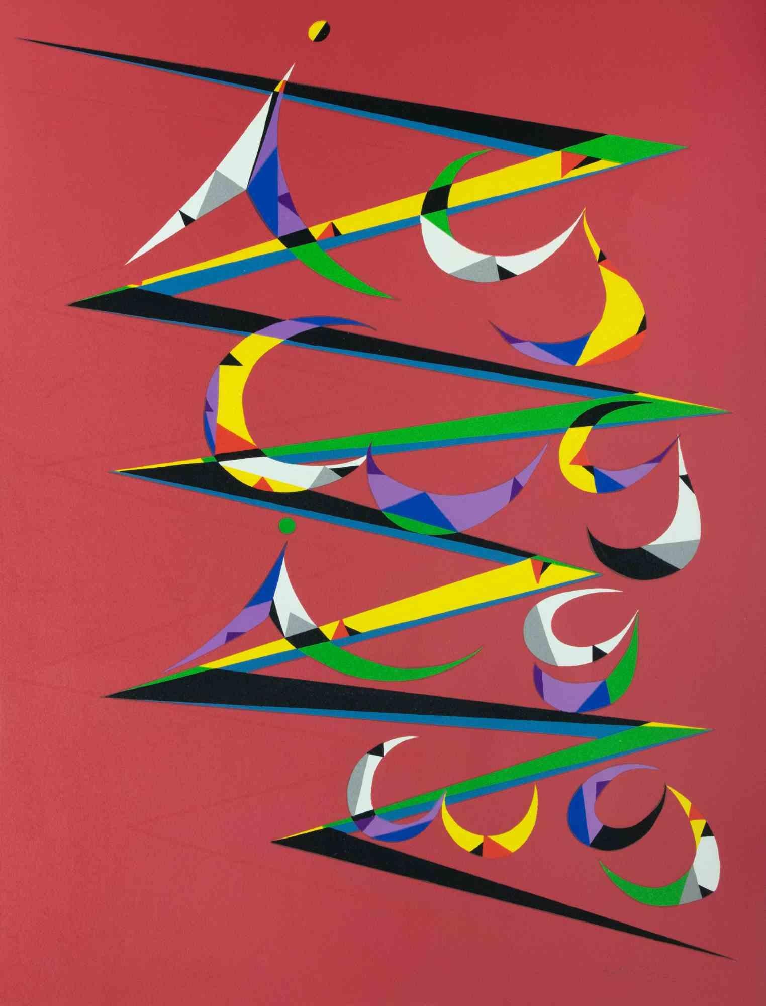 Composition is a lithograph, realized by Rafael Alberti in 1972.

Hand-signed, dated, numbered on the lower margin.

Edition of 99.

The artwork represents a brilliant composition through shapes and colors, with a poetical abstract harmony which is