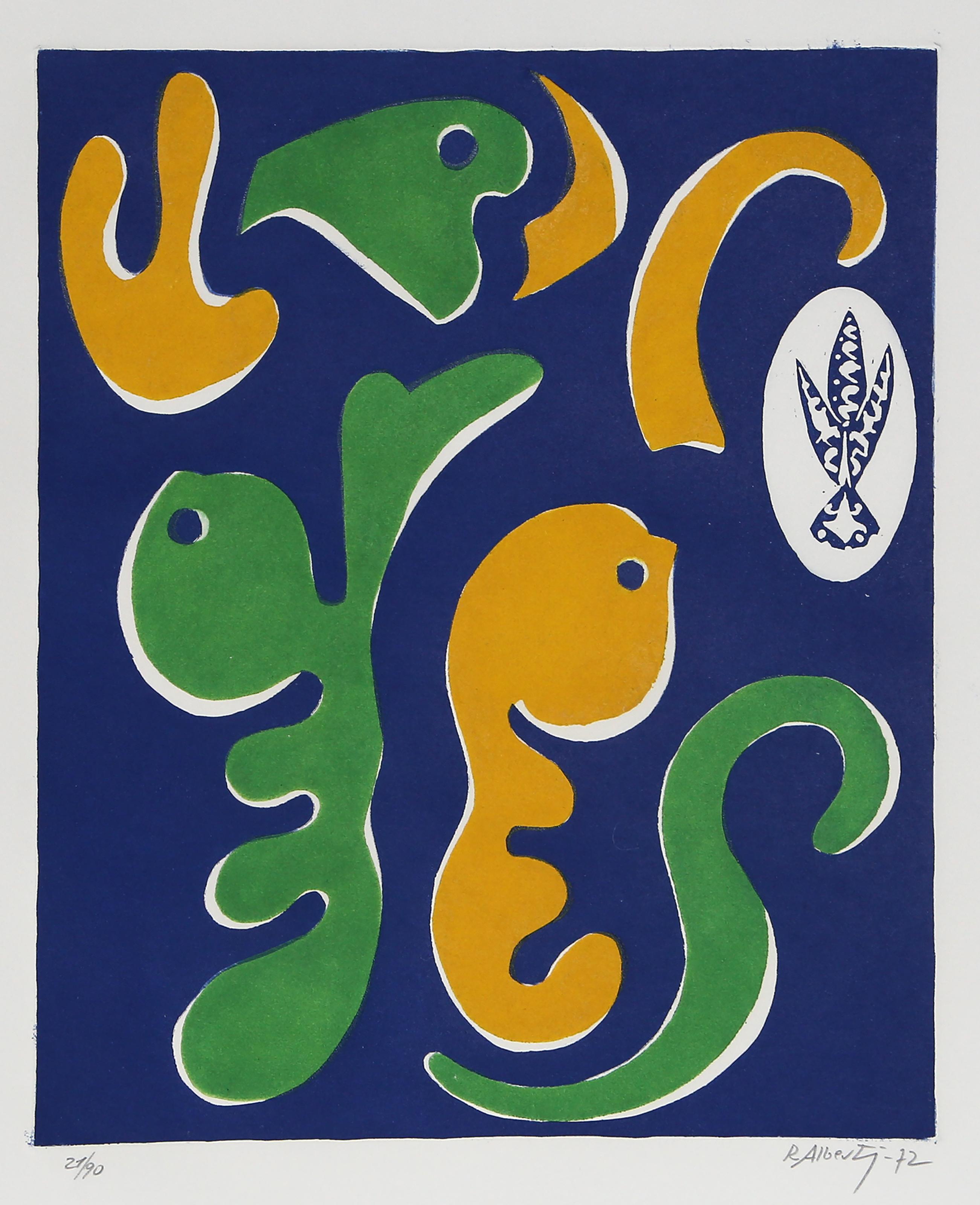 Cette captivante gravure de Rafael Alberti datant de 1971 présente une imagerie abstraite inspirée du thème de la "femme-lézard" à travers la sensibilité de l'art abstrait moderne. Alberti, célèbre poète de la génération espagnole de 27, met son