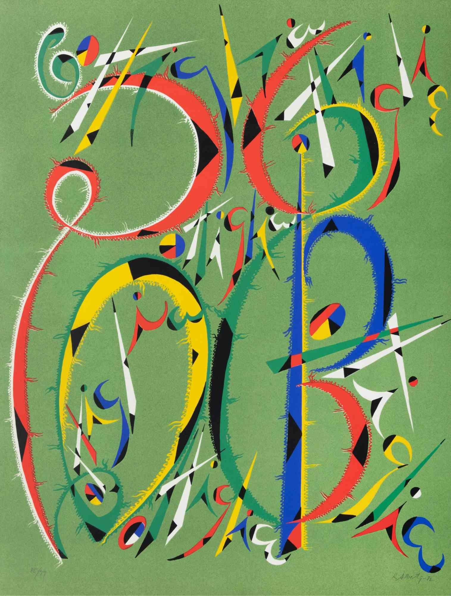 Letter B by Rafael Alberti, from Alphabet series,  is a lithograph, realized by Rafael Alberti in 1972.

Hand signed and dated on the lower right margin. Numbered on the lower left.

Editioon of 85/99

The artwork represents the letter B, with a