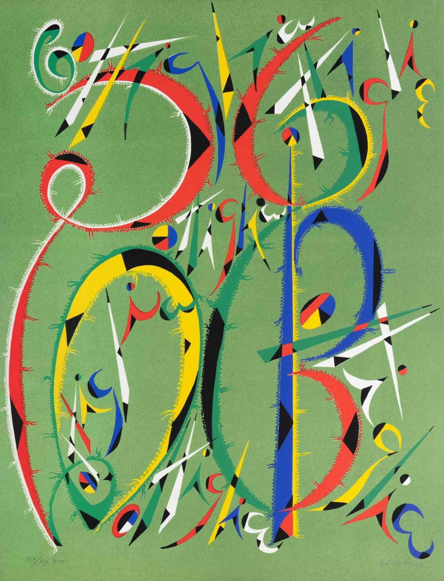 Letter B by Rafael Alberti, from Alphabet series,  is a lithograph, realized by Rafael Alberti in 1972.

Hand signed and dated on the lower right margin. Numbered on the lower left.

Editioon of XIX/XX. 

The artwork represents the letter B, with a